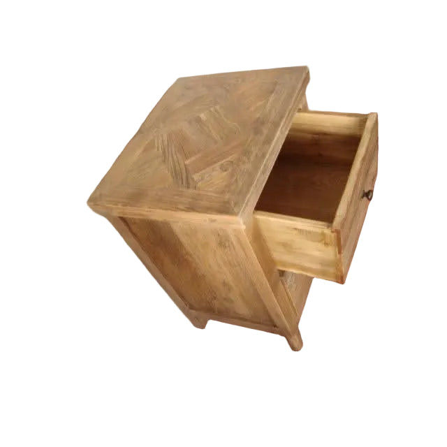 MORO RUSTIC RECYCLED ELM 2 DRAWER BEDSIDE TABLE PARQUETRY TOP 50CM - MyChocolateWood