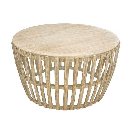 Mowgli Solid Mango Wood Round Coffee Table in Driftwood Whitewash - Chocolate Wood