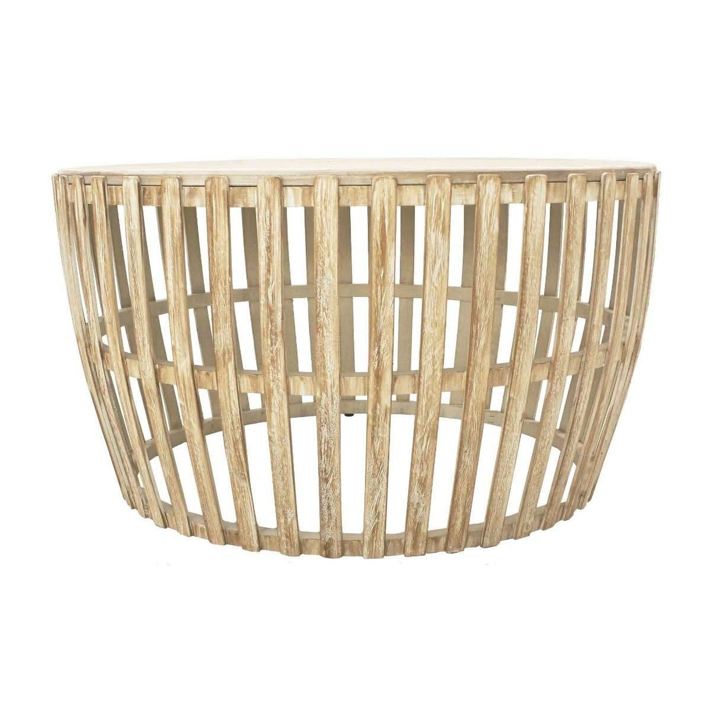 Mowgli Solid Mango Wood Round Coffee Table in Driftwood Whitewash - Chocolate Wood