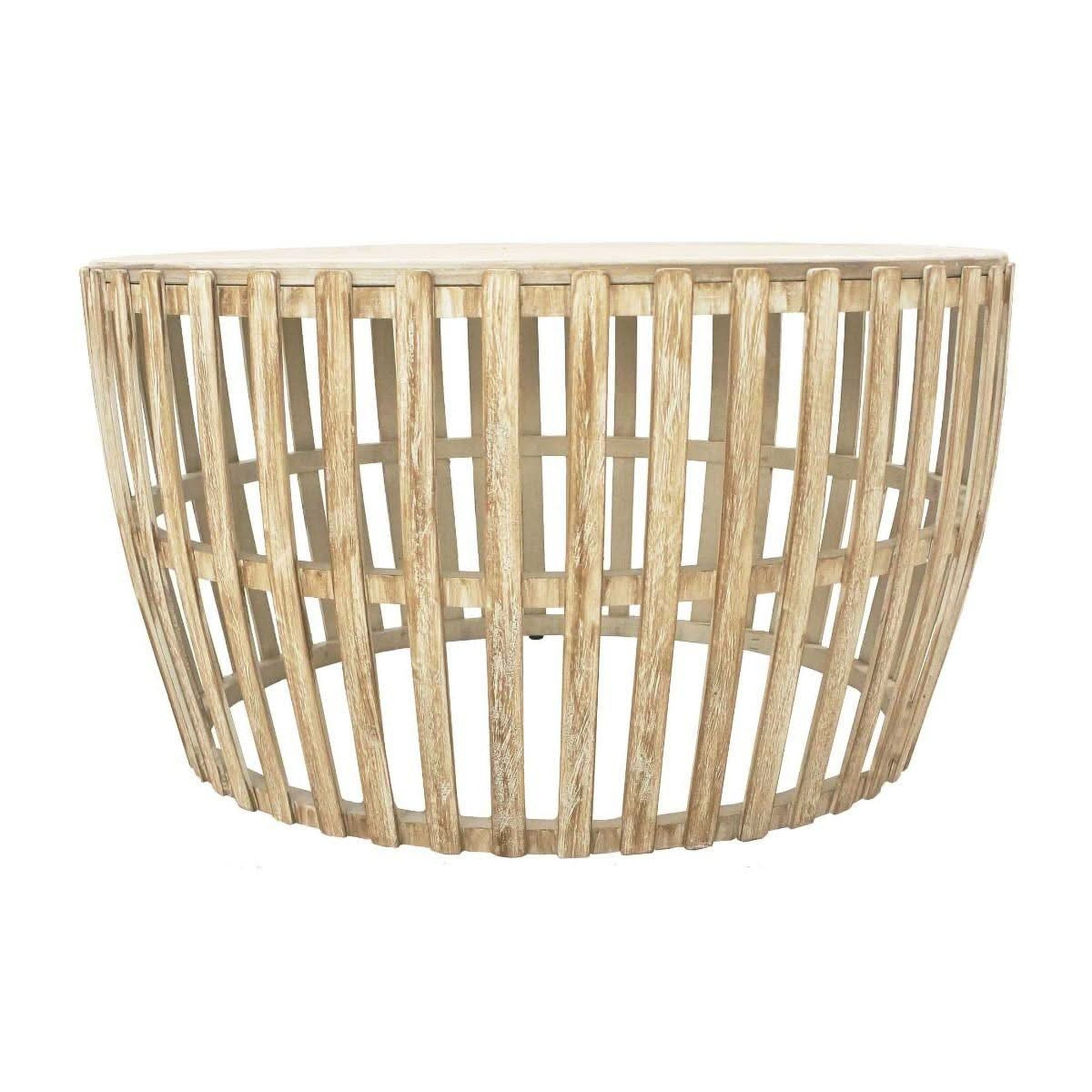 Mowgli Solid Mango Wood Round Coffee Table in Driftwood Whitewash - Chocolate Wood