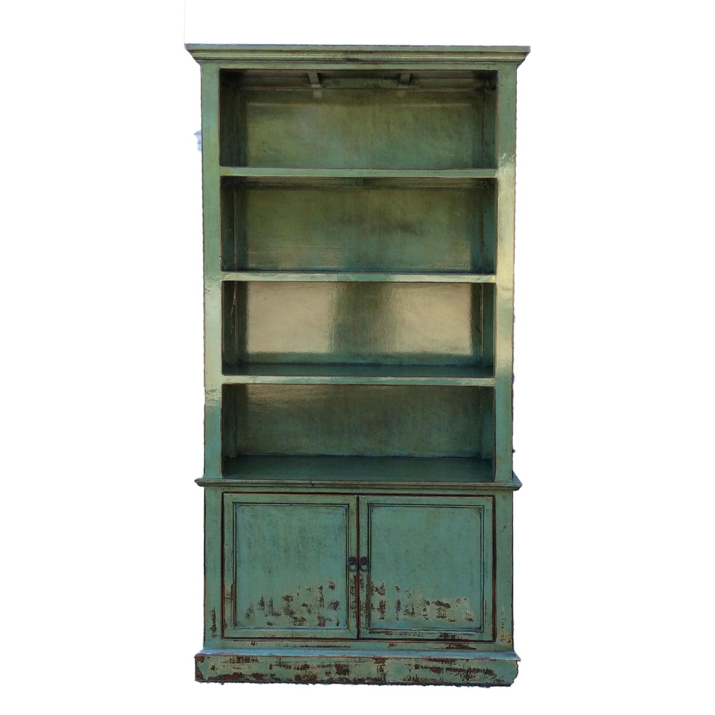 NANYANG H29 CHINESE ANTIQUE RECYCLED PINE TIMBER BOOKCASE BOOKSHELF 4 SHELVES 2 DOORS DISTRESSED GREEN - MyChocolateWood