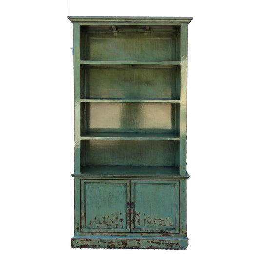 NANYANG H29 CHINESE ANTIQUE RECYCLED  PINE TIMBER BOOKCASE BOOKSHELF 4 SHELVES 2 DOORS DISTRESSED GREEN - MyChocolateWood