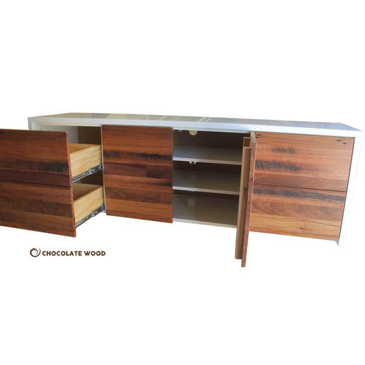NAPLES RECYCLED HARDWOOD/POLYURETHANE 4 DRAWER 2 DOOR TV/ENTERTAINMENT UNIT AUSTRALIAN MADE TO ORDER - MyChocolateWood