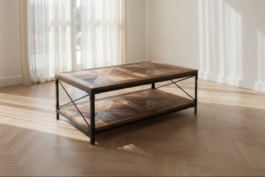 NEW SHEFFIELD STEEL INDUSTRIAL VINTAGE RECYCLED OREGON COFFEE TABLE. STEEL BASE - MyChocolateWood