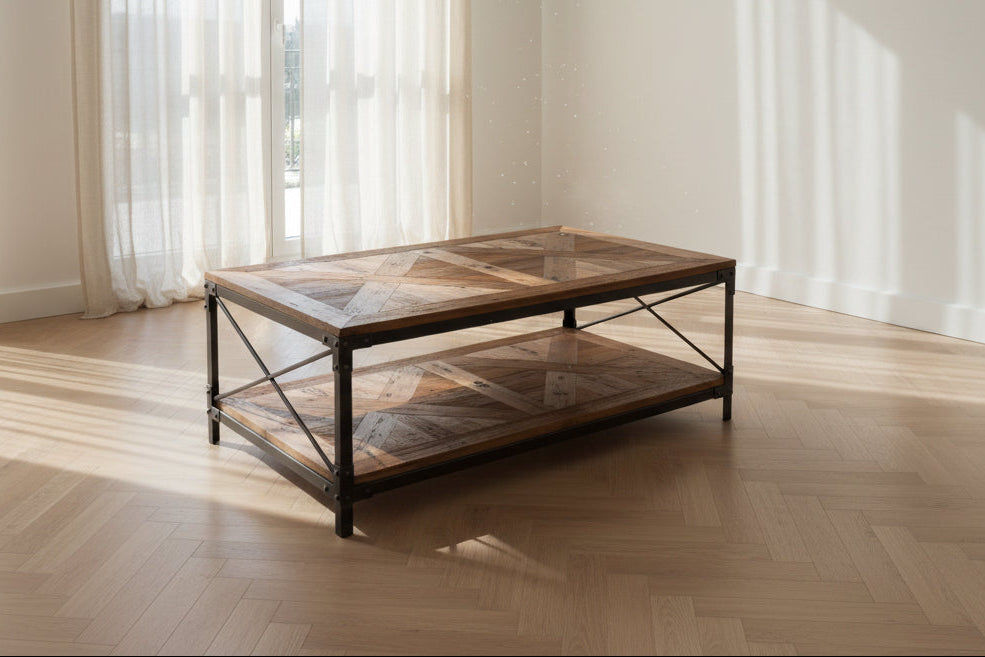 NEW SHEFFIELD STEEL INDUSTRIAL VINTAGE RECYCLED OREGON COFFEE TABLE. STEEL BASE - MyChocolateWood