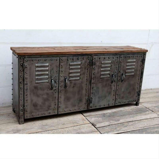NEWTON VINTAGE IRON LOCKER SIDEBOARD BUFFET/RECLAIMED RAILWAY SLEEPER WOOD