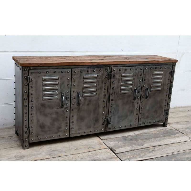 NEWTON VINTAGE IRON LOCKER SIDEBOARD BUFFET/RECLAIMED RAILWAY SLEEPER WOOD - MyChocolateWood