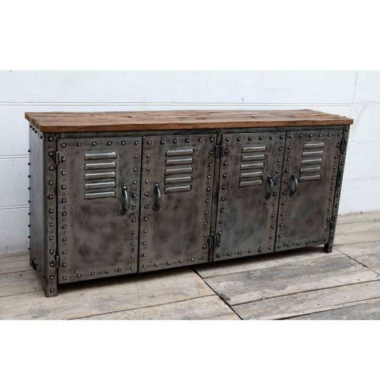 NEWTON VINTAGE IRON LOCKER SIDEBOARD BUFFET/RECLAIMED RAILWAY SLEEPER WOOD - MyChocolateWood