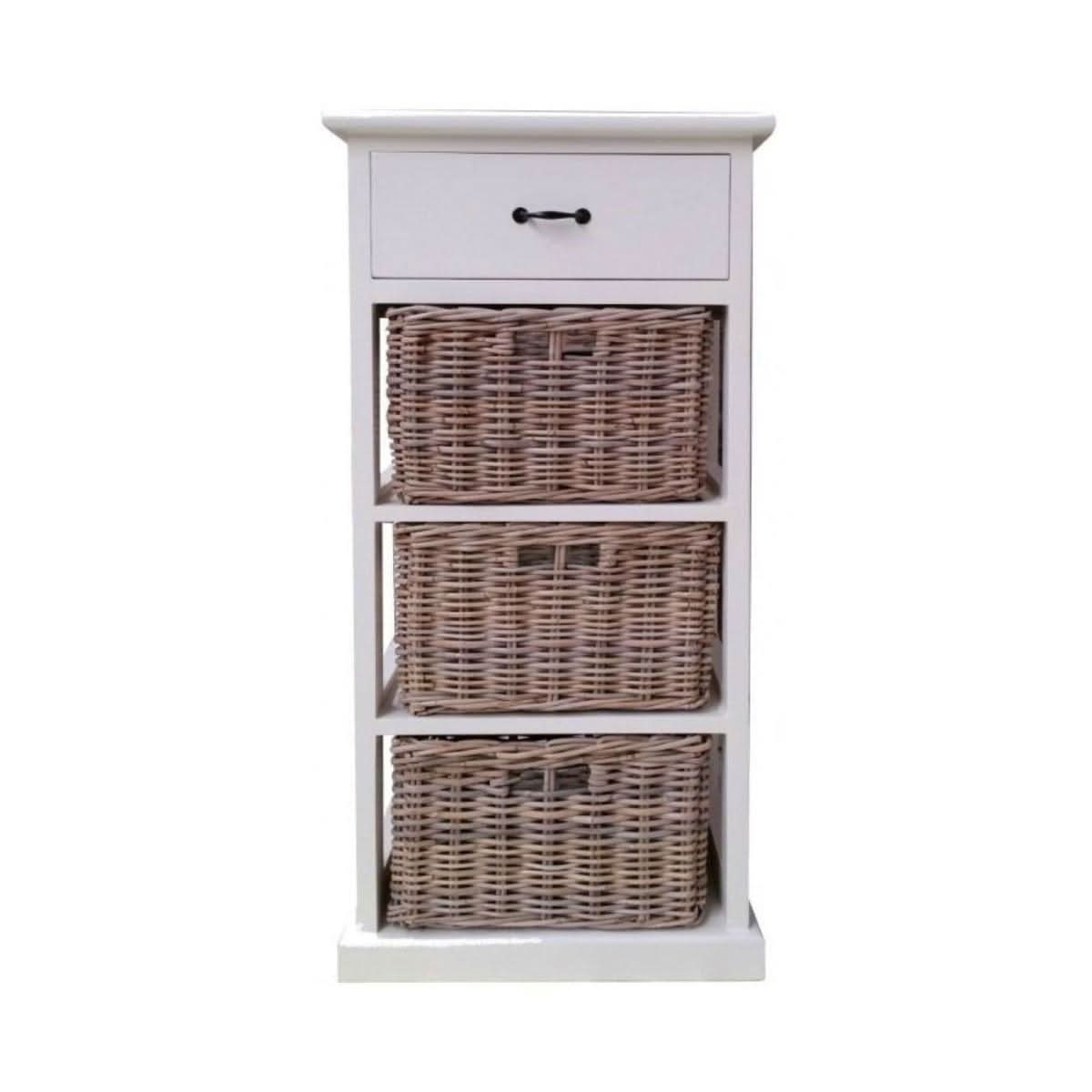 NICE SOLID MAHOGANY NARROW TALLBOY WITH 3 WICKER BASKETS & 1 TIMBER DRAWER - MyChocolateWood