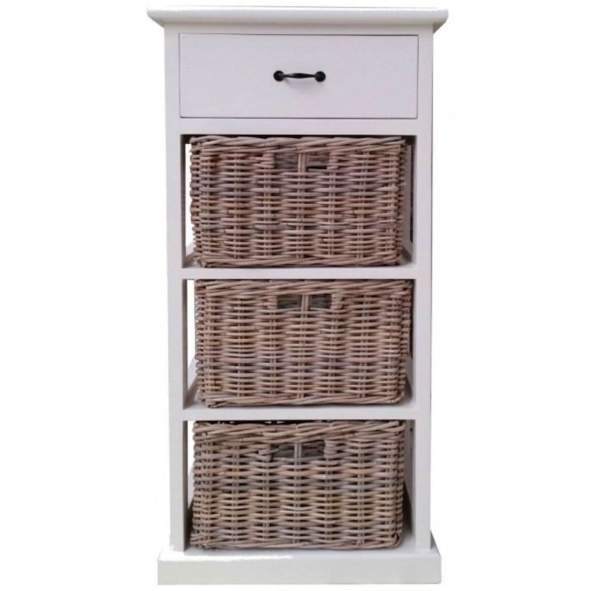 NICE SOLID MAHOGANY NARROW TALLBOY WITH 3 WICKER BASKETS & 1 TIMBER DRAWER - MyChocolateWood