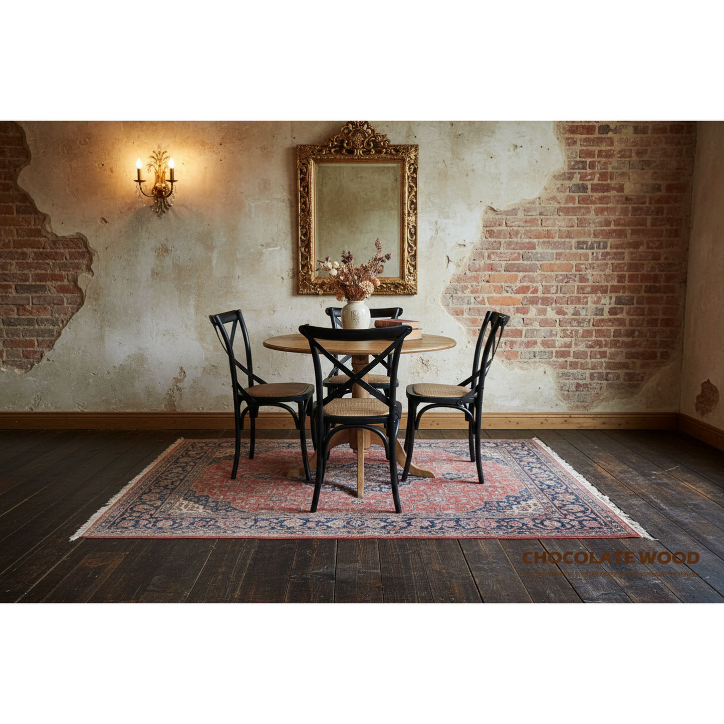 Nordic Round Dining Table 100cm + 4 Melrose Dining Chairs in Black - Chocolate Wood