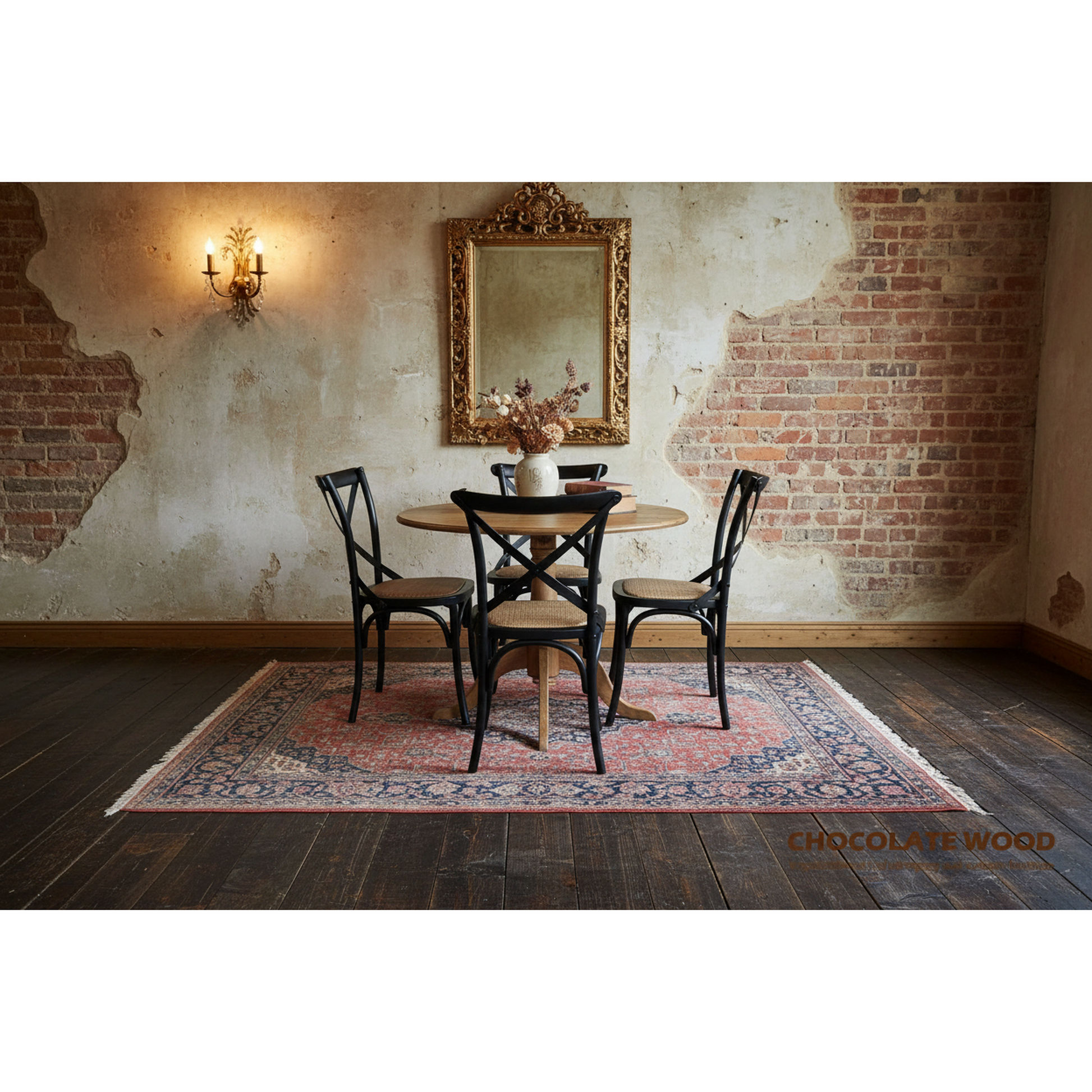 Nordic Round Dining Table 100cm + 4 Melrose Dining Chairs in Black - Chocolate Wood