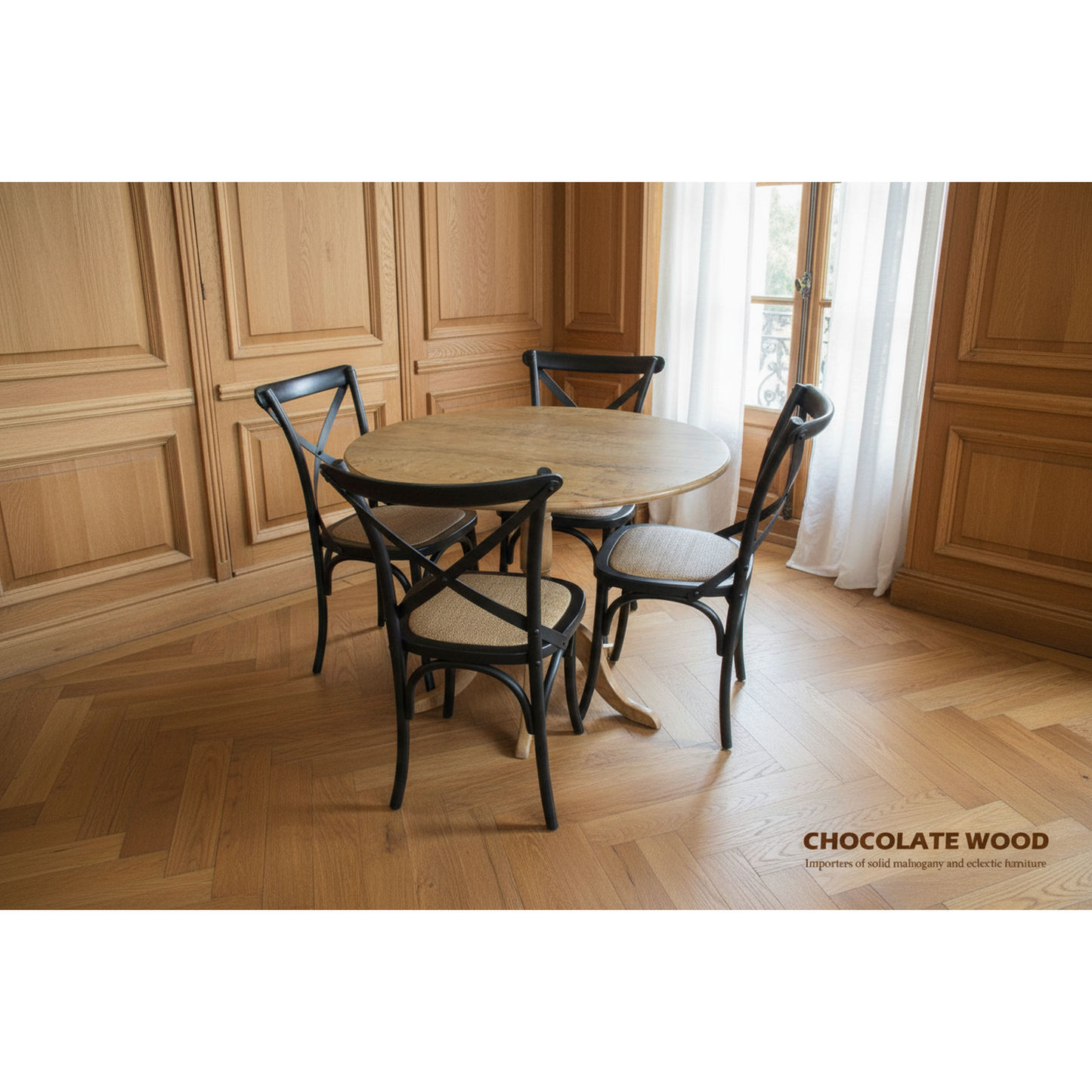 Nordic Round Dining Table 100cm + 4 Melrose Dining Chairs in Black - Chocolate Wood