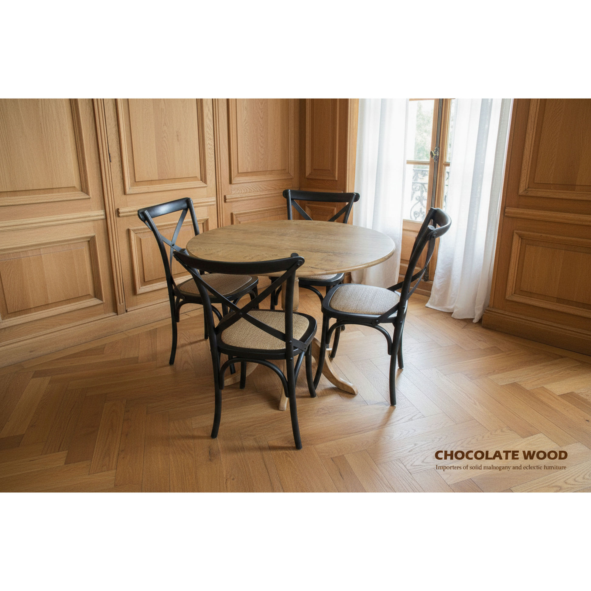 Nordic Round Dining Table 100cm + 4 Melrose Dining Chairs in Black - Chocolate Wood