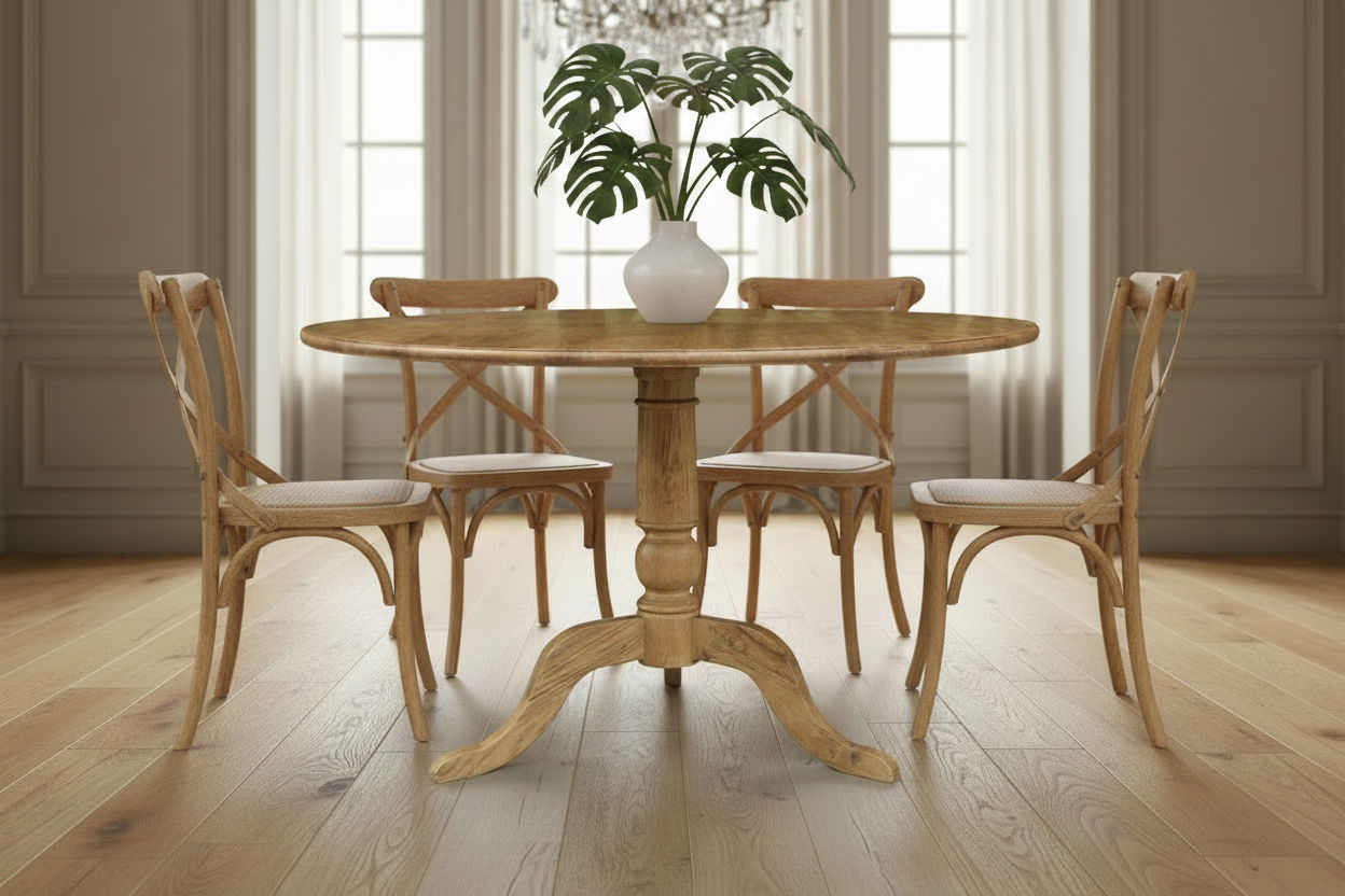 NORDIC ROUND DINING TABLE 100CM + 4 MELROSE DINING CHAIRS NATURAL 5PCS - MyChocolateWood