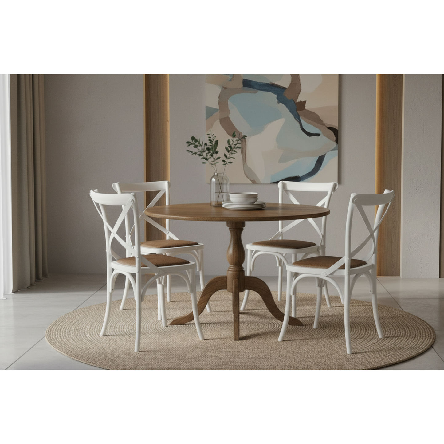 Nordic Round Dining Table 100cm + 4 Melrose Dining Chairs in White - Chocolate Wood