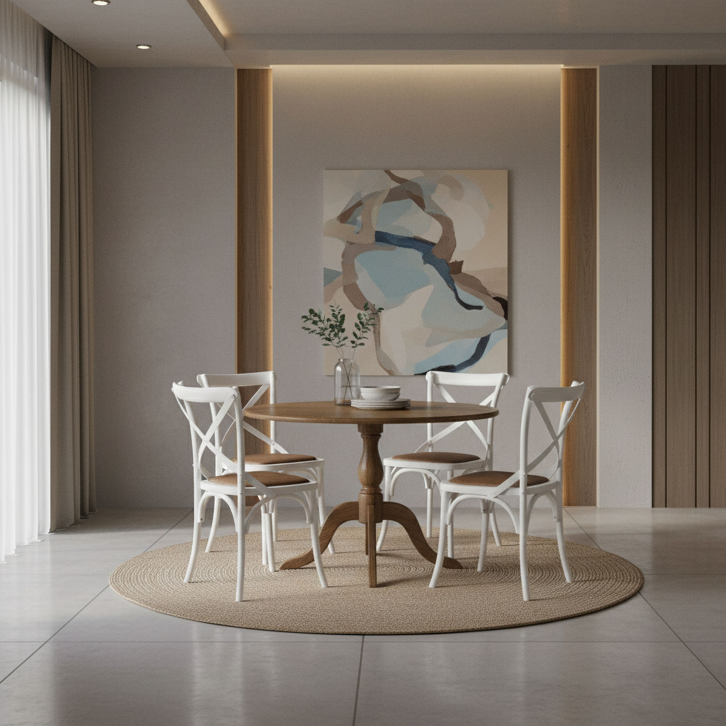 Nordic Round Dining Table 100cm + 4 Melrose Dining Chairs in White - Chocolate Wood