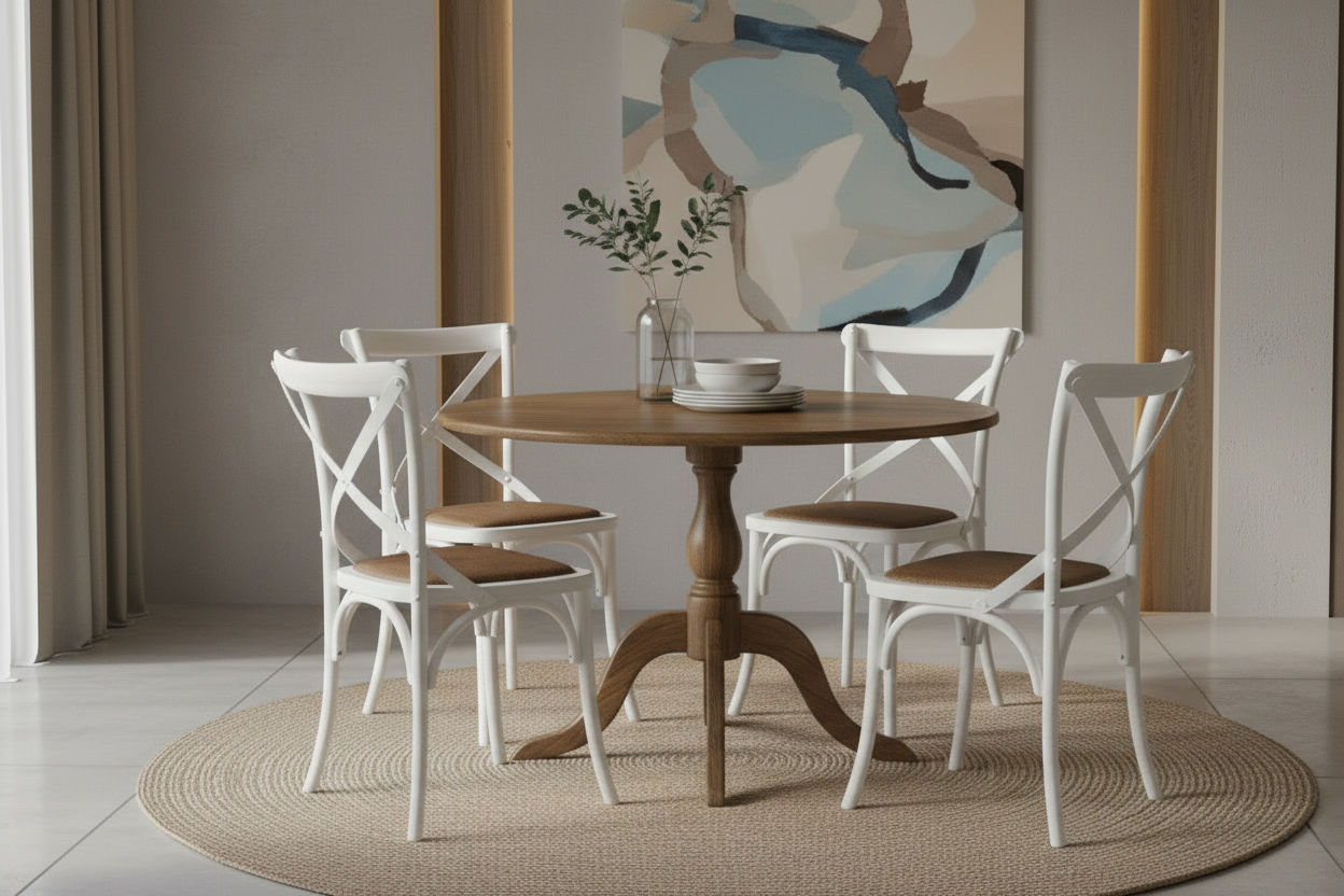 NORDIC ROUND DINING TABLE 100CM + 4 MELROSE DINING CHAIRS WHITE 5PCS - MyChocolateWood