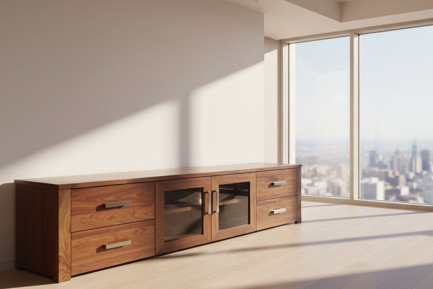 OLIVER AUSTRALIAN CUSTOM-MADE TV/ENTERTAINMENT UNIT WITH 4 DRAWERS & 2 GLASS DOORS - MyChocolateWood