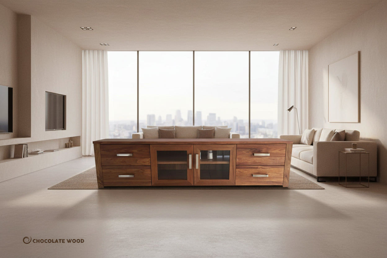 OLIVER AUSTRALIAN CUSTOM-MADE TV/ENTERTAINMENT UNIT WITH 4 DRAWERS & 2 GLASS DOORS - MyChocolateWood