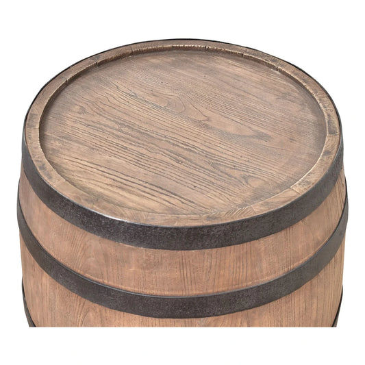 ORLEANS RECLAIMED ELM WINE BARREL SIDE TABLE LAMP TABLE NATURAL & BLACK IRON ACCENTS