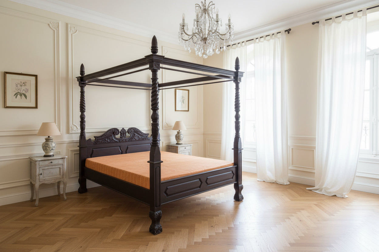 ORLIA SOLID MAHOGANY TIMBER KING SIZE 4 POSTER BED IN CHOCOLATE - MyChocolateWood