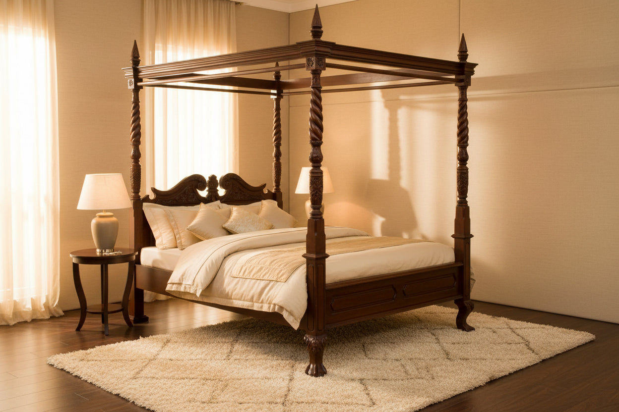 ORLIA SOLID MAHOGANY TIMBER KING SIZE 4 POSTER BED IN MAHOGANY - MyChocolateWood