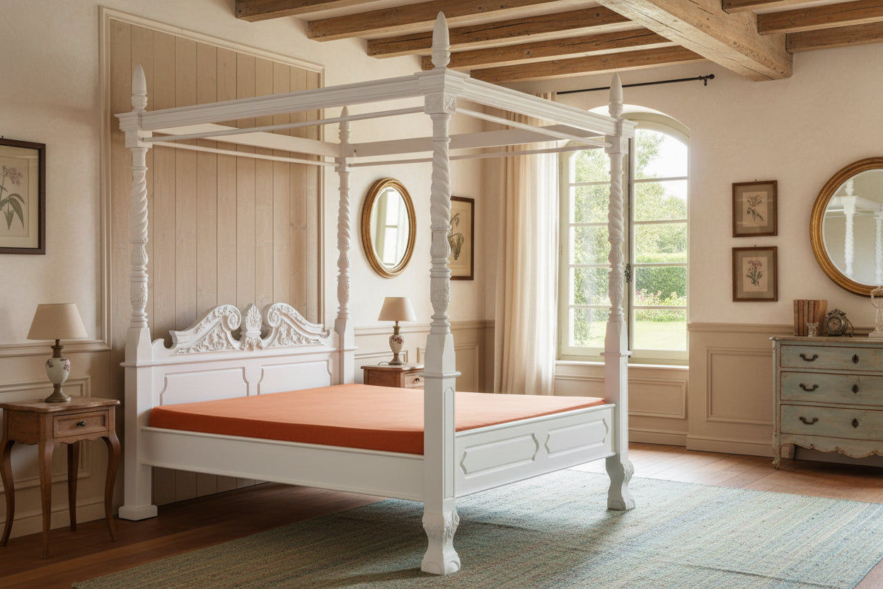 ORLIA SOLID MAHOGANY TIMBER KING SIZE 4 POSTER BED IN WHITE - MyChocolateWood