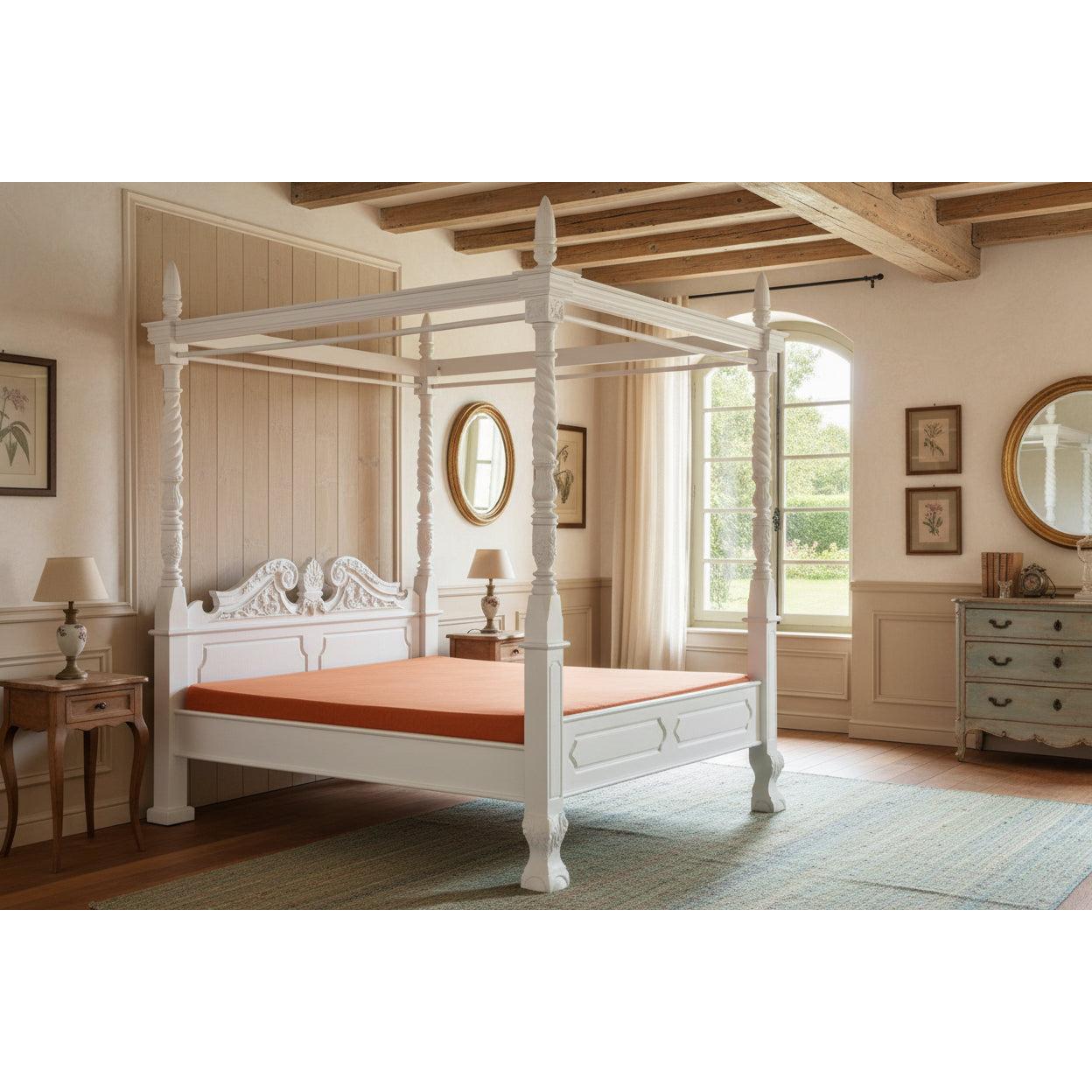 Orlia Solid Mahogany Timber 4 Poster Bed, King in White - Chocolate Wood