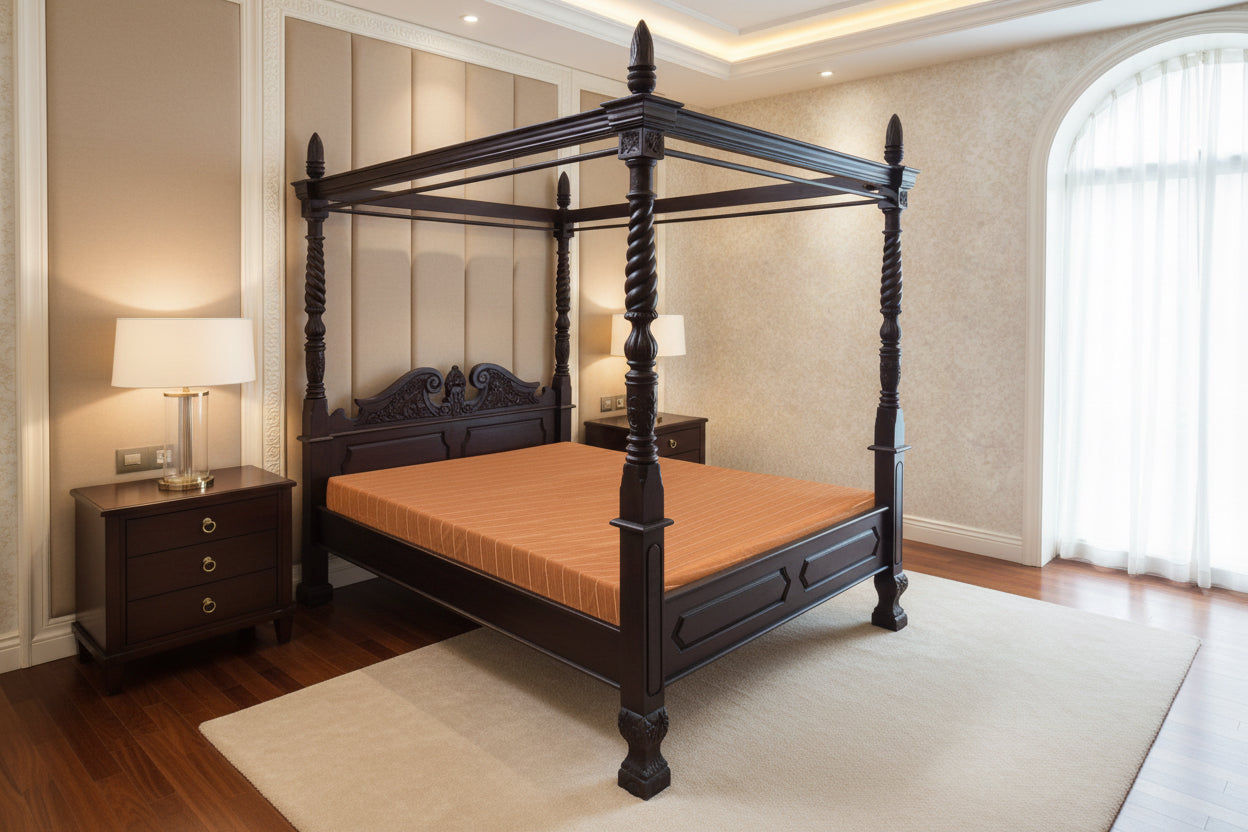 ORLIA SOLID MAHOGANY TIMBER QUEEN SIZE 4 POSTER BED IN CHOCOLATE - MyChocolateWood