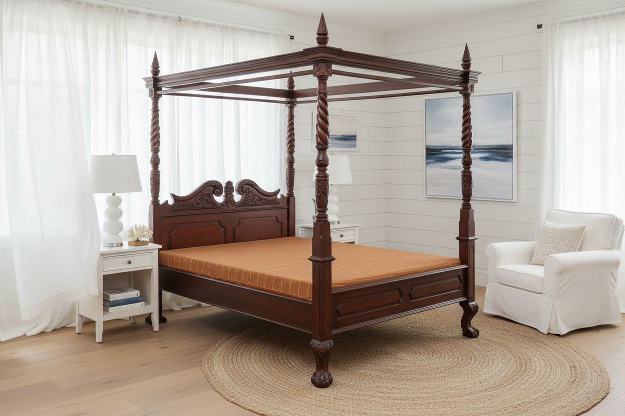 ORLIA SOLID MAHOGANY TIMBER QUEEN SIZE 4 POSTER BED IN MAHOGANY - MyChocolateWood