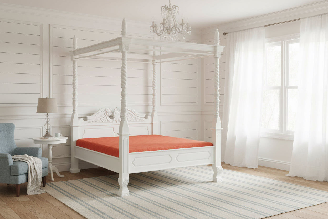 ORLIA SOLID MAHOGANY TIMBER QUEEN SIZE 4 POSTER BED IN WHITE - MyChocolateWood