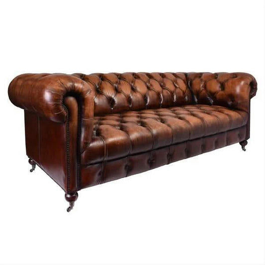 OXFORD AGED LEATHER 3-SEATER SOFA IN BROWN DISTRESSED CARAMEL