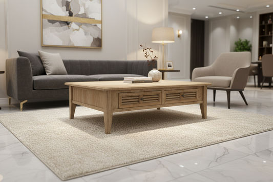 PALM BEACH 2 DRAWER COFFEE TABLE LOUVRE STYLE IN SOLID OAK - MyChocolateWood