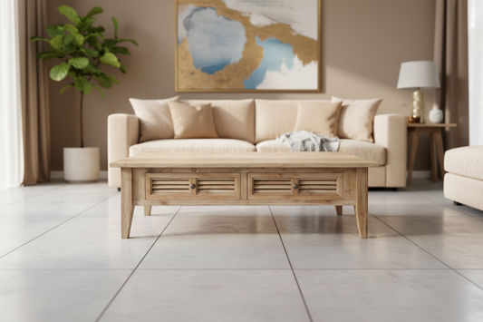 PALM BEACH 2 DRAWER COFFEE TABLE LOUVRE STYLE IN SOLID OAK - MyChocolateWood