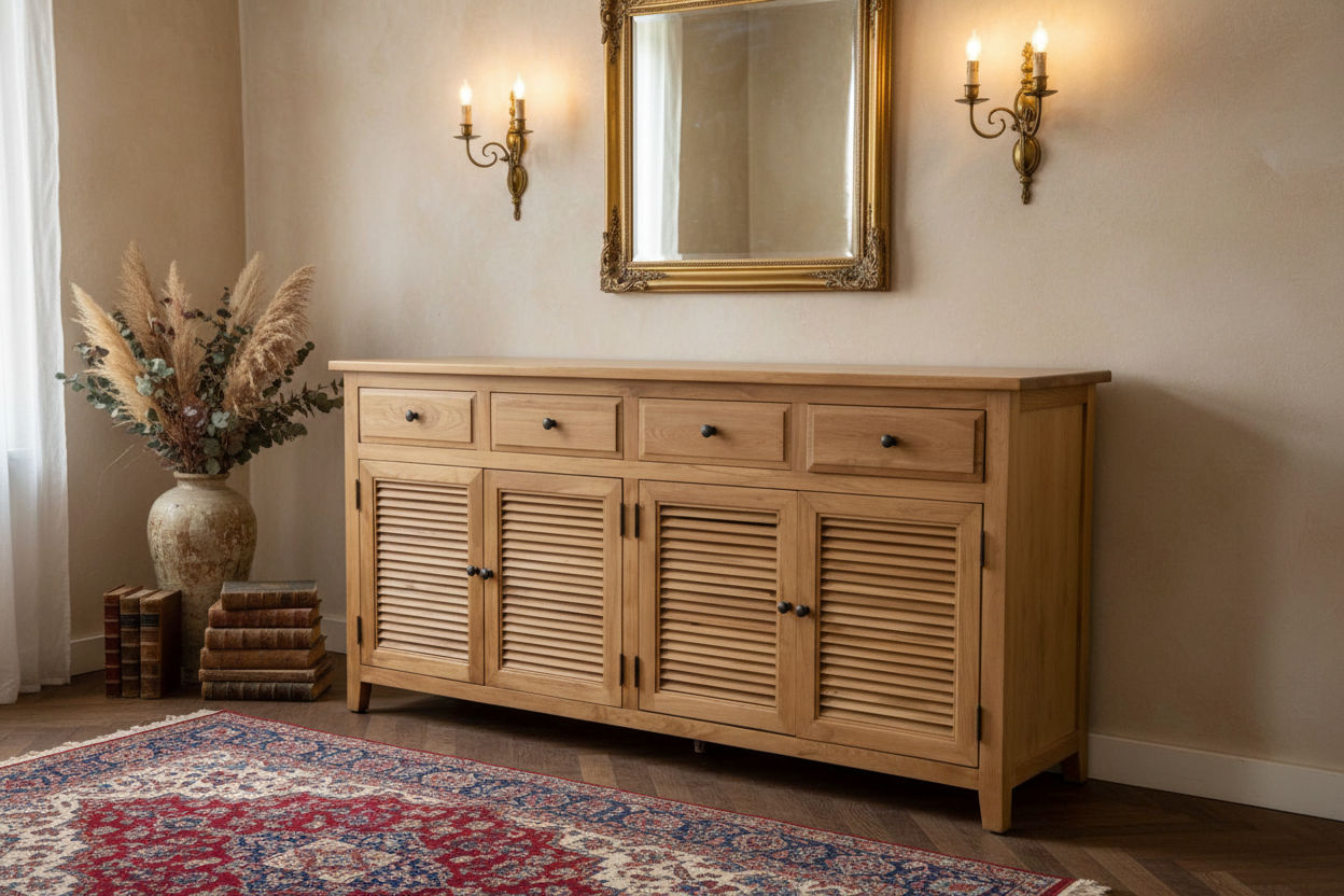 PALM BEACH BUFFET/SIDEBOARD 4 DOORS 4 DRAWERS LOUVRE STYLE IN SOLID OAK - MyChocolateWood