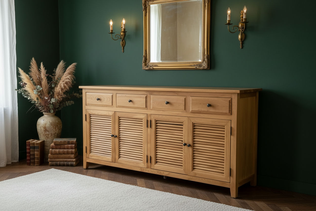 PALM BEACH BUFFET/SIDEBOARD 4 DOORS 4 DRAWERS LOUVRE STYLE IN SOLID OAK - MyChocolateWood