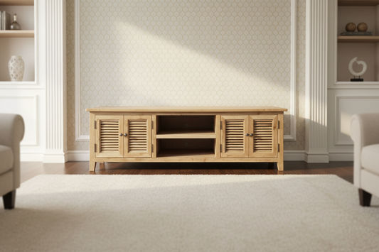 PALM BEACH LOUVRE STYLE TV/ENTERTAINMENT UNIT 4 DOORS & 2 SHELVES SOLID OAK - MyChocolateWood