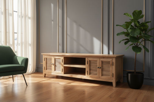 PALM BEACH LOUVRE STYLE TV/ENTERTAINMENT UNIT 4 DOORS & 2 SHELVES SOLID OAK - MyChocolateWood