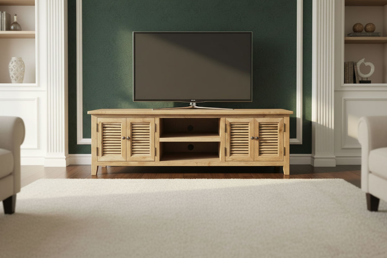 PALM BEACH LOUVRE STYLE TV/ENTERTAINMENT UNIT 4 DOORS & 2 SHELVES SOLID OAK - MyChocolateWood