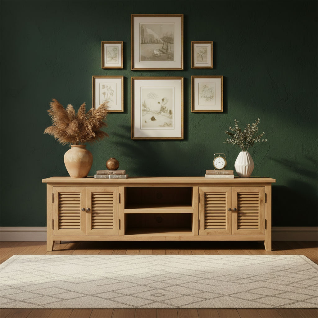PALM BEACH LOUVRE STYLE TV/ENTERTAINMENT UNIT 4 DOORS & 2 SHELVES SOLID OAK - MyChocolateWood