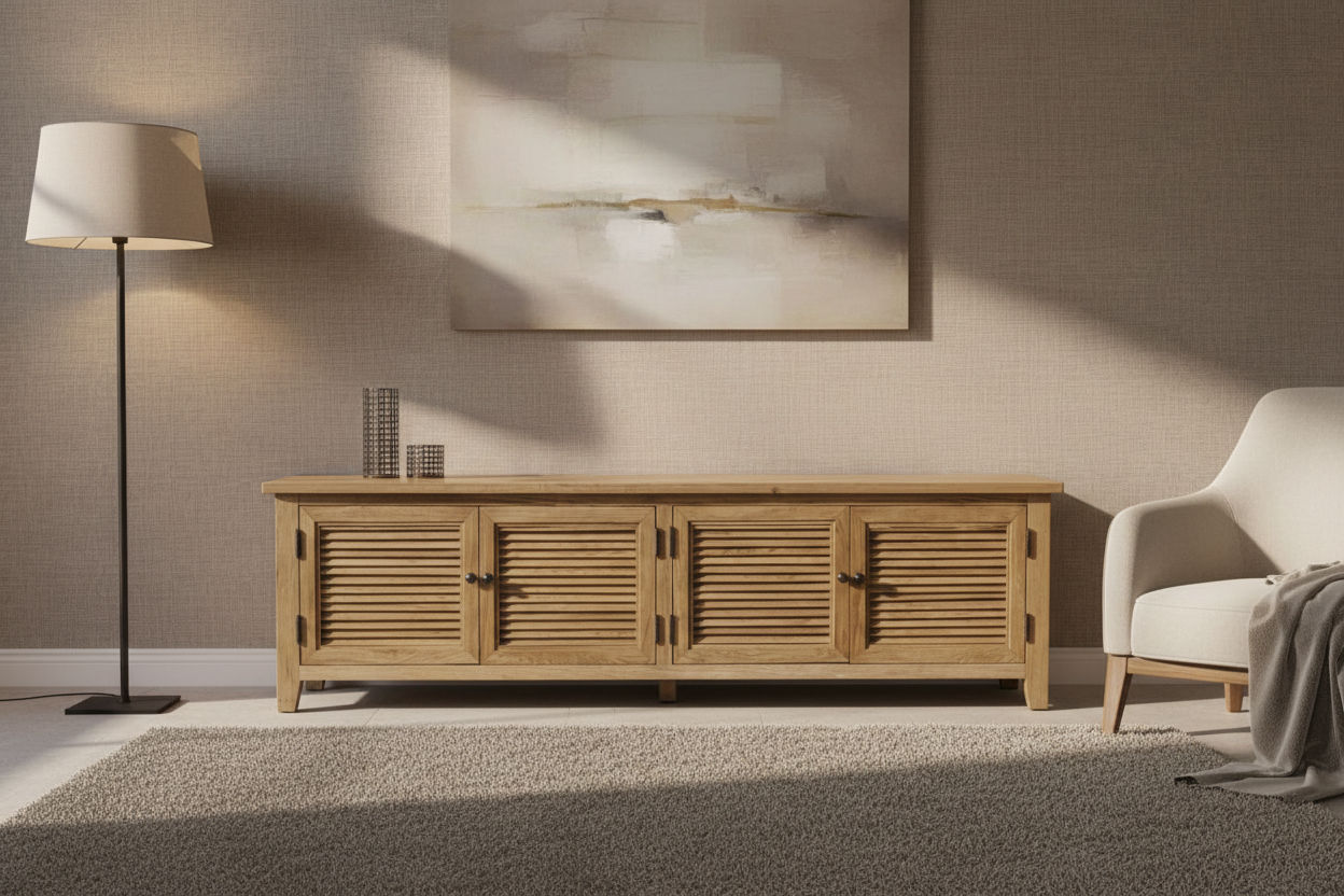 PALM BEACH LOUVRE STYLE TV/ENTERTAINMENT UNIT - 4 DOORS - SOLID OAK NATURAL - MyChocolateWood