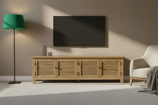 PALM BEACH LOUVRE STYLE TV/ENTERTAINMENT UNIT - 4 DOORS - SOLID OAK NATURAL - MyChocolateWood