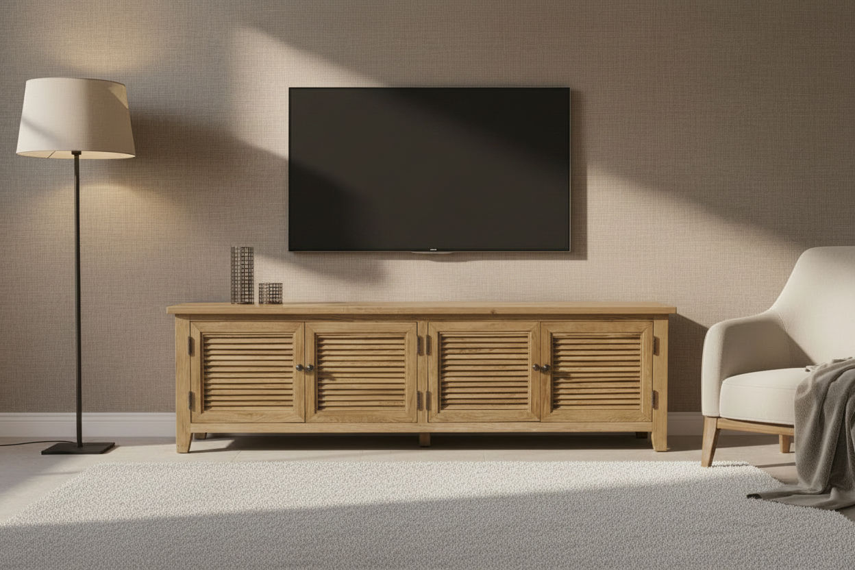 PALM BEACH LOUVRE STYLE TV/ENTERTAINMENT UNIT - 4 DOORS - SOLID OAK NATURAL - MyChocolateWood