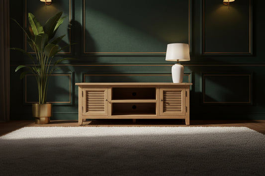 PALM BEACH LOUVRE STYLE TV UNIT SOLID OAK 2 DOORS AND 2 SHELVES - MyChocolateWood
