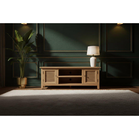 PALM BEACH LOUVRE STYLE TV UNIT SOLID OAK 2 DOORS AND 2 SHELVES - MyChocolateWood