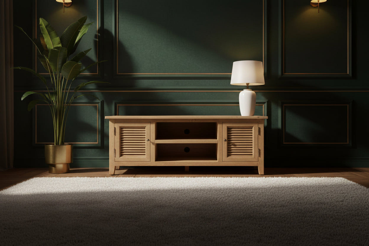 PALM BEACH LOUVRE STYLE TV UNIT SOLID OAK 2 DOORS AND 2 SHELVES - MyChocolateWood