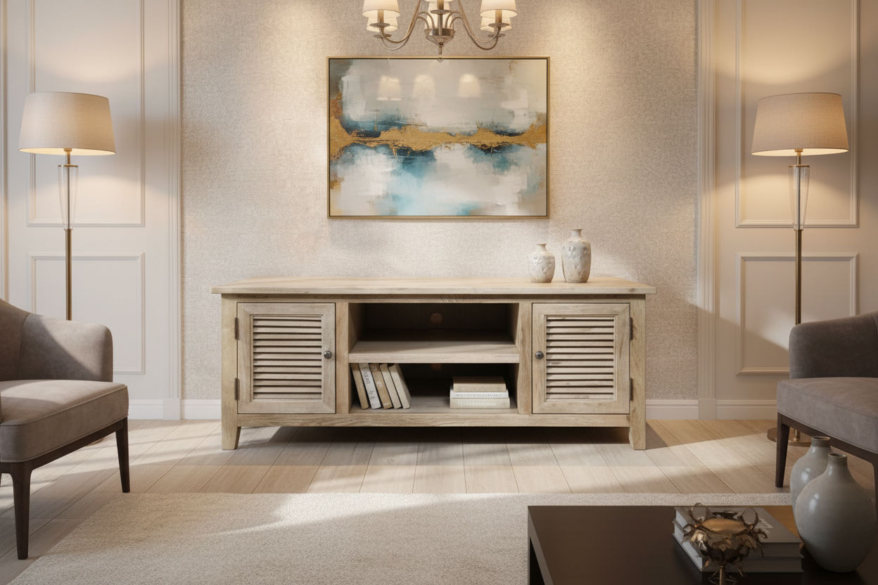 PALM BEACH LOUVRE STYLE TV UNIT SOLID OAK 2 DOORS AND 2 SHELVES - MyChocolateWood