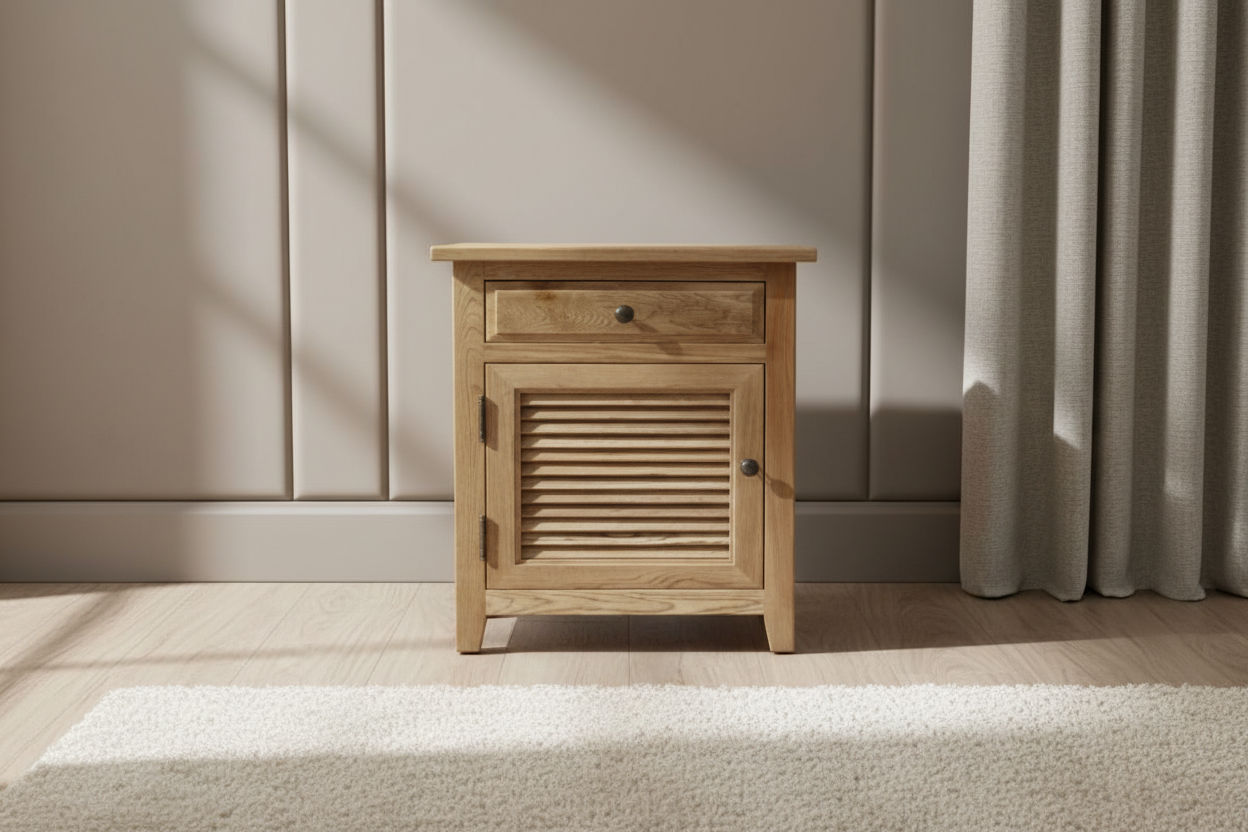 PALM BEACH SOLID OAK LOUVRE STYLE  BEDSIDE TABLE 1 DRAWER & 1 DOOR  WITH HINGES ON THE LEFT-HAND SIDE - MyChocolateWood