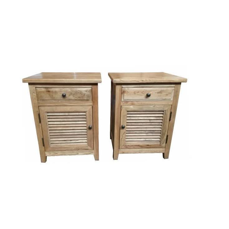 PALM BEACH SOLID OAK LOUVRE STYLE BEDSIDE TABLE 1 DRAWER & 1 DOOR WITH HINGES ON THE LEFT-HAND SIDE - MyChocolateWood
